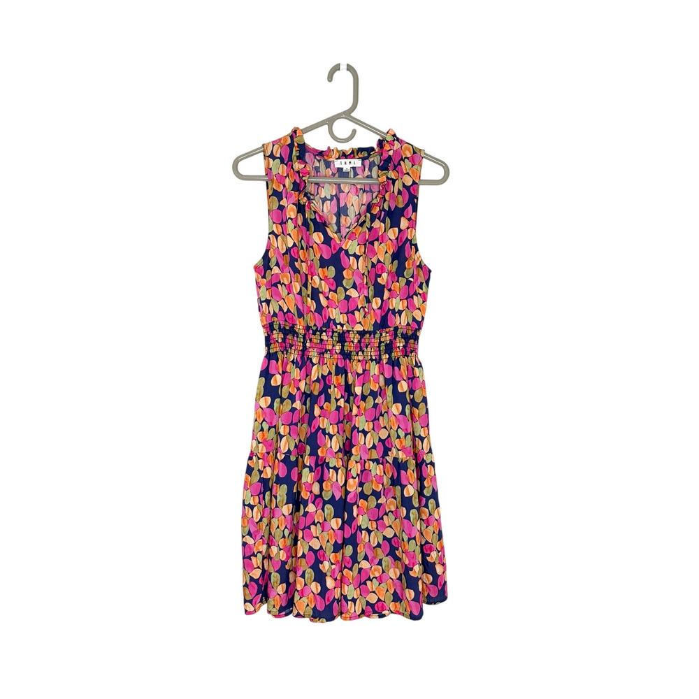 THML Colorful Leaf Print Dress Sz S Sleeveless Ruffle Neck Garden Beach Resort